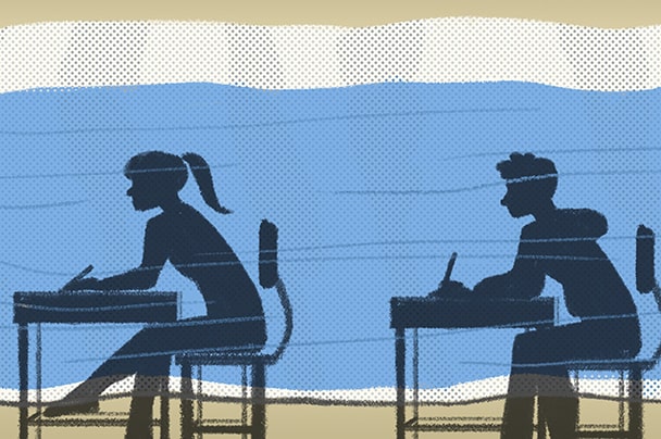 Cartoon silhouette of boy and girl sitting at their desk in-front of a blue wall.